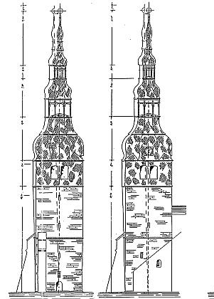 Soll und Ist des Oberkirchturms um 1914;  links: Ansicht von Nord, rechts: Ansicht von West
